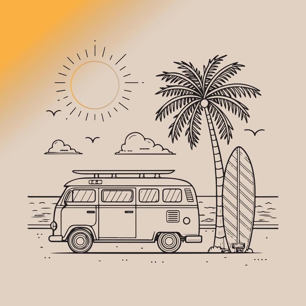 Relaxing Beach Scene Line Art with Surfboards, Palm Tree, Van, Ocean, and Sunset vector