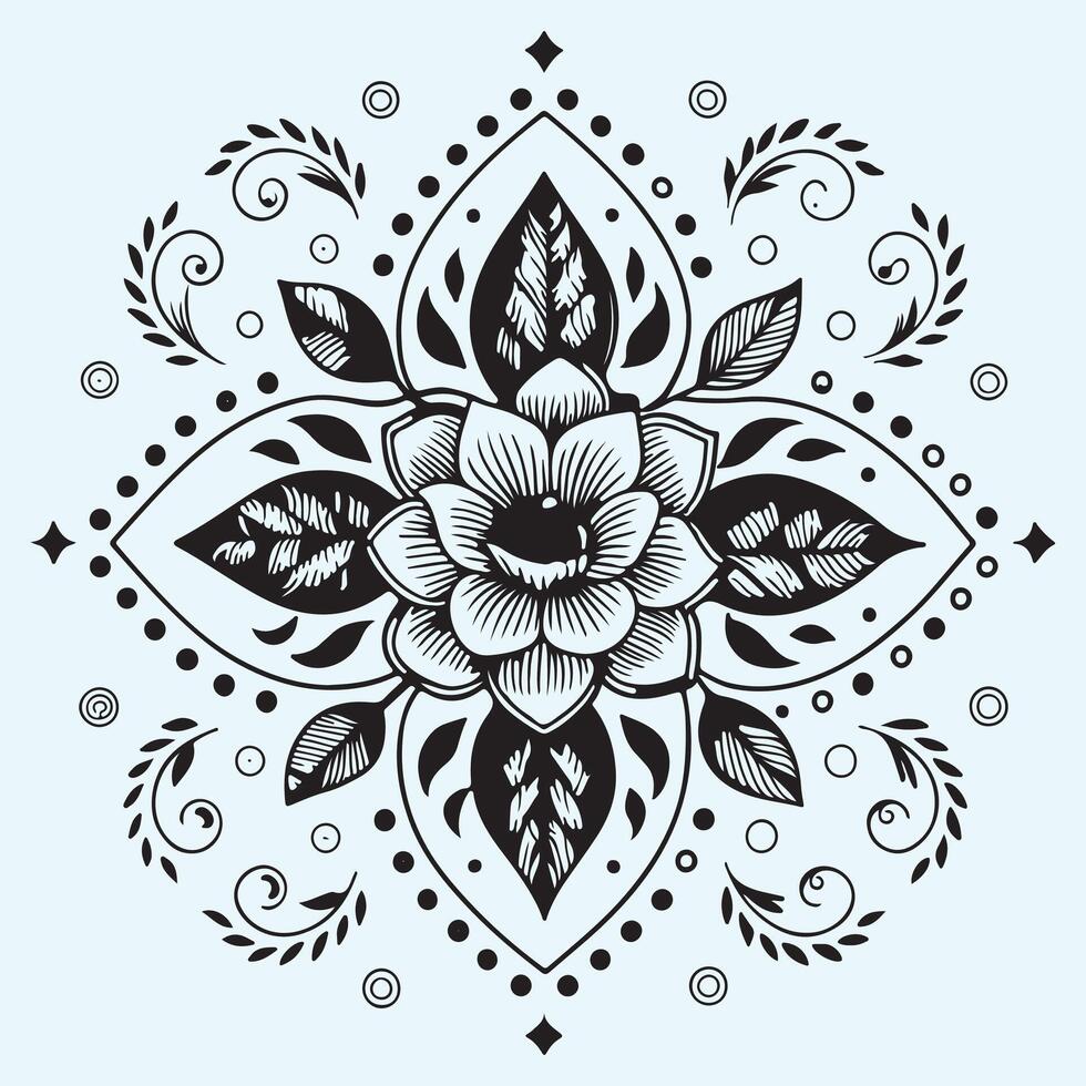 Black and White Intricate Mandala Design on Light Blue Background - Symmetrical Flower Patterns vector