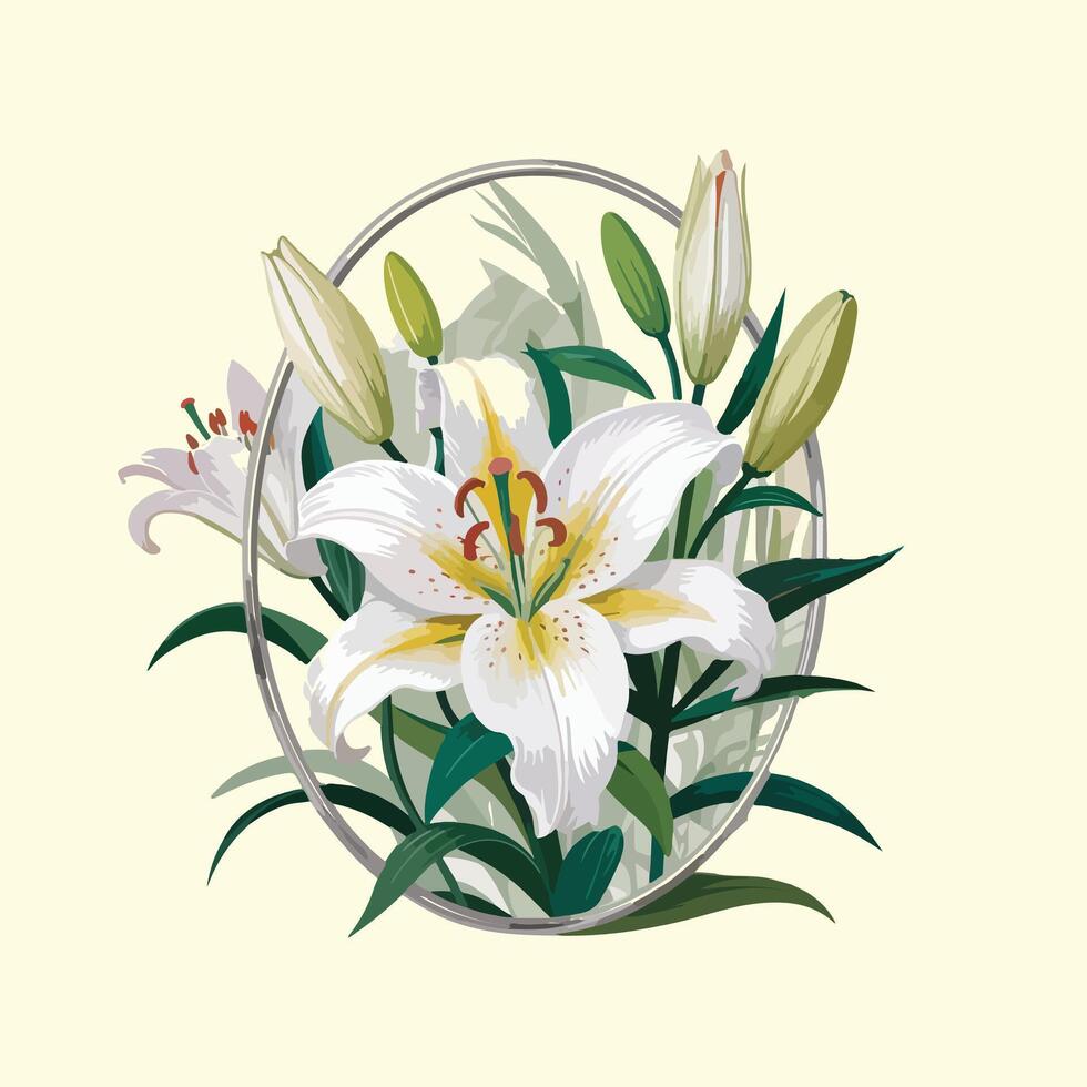 Intricate White Lily Illustration with Buds and Leaves on Light Yellow Background - Elegant Botanical Art vector