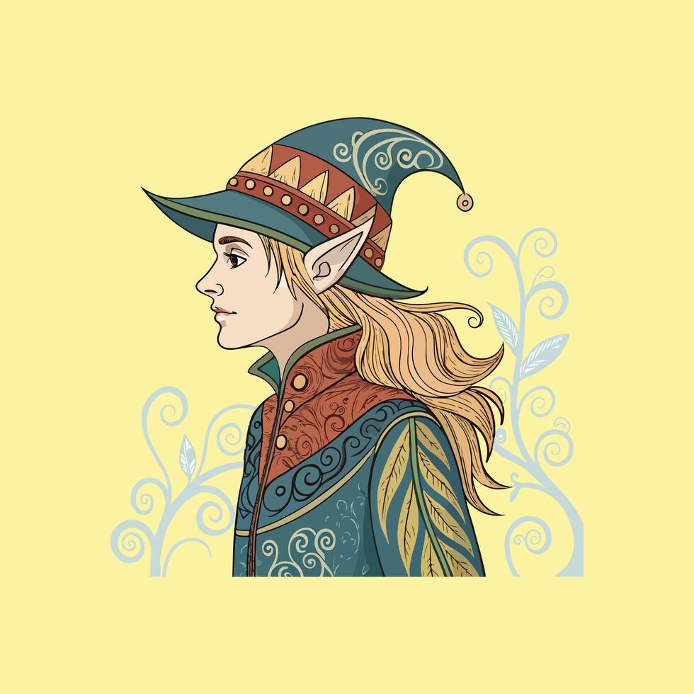 the girl in a red dress Whimsical Elf Illustration with Decorative Hat and Embroidered Cloak - Fantasy Art on Light Swirled Background vector