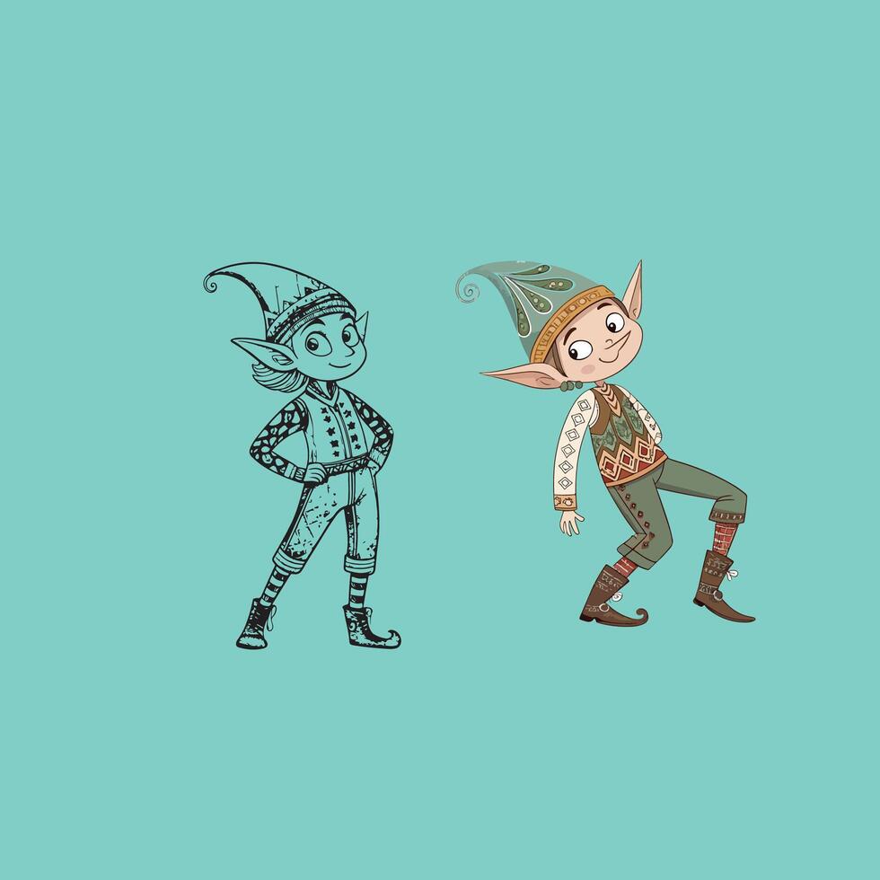 Black and White and Colored Elf Character Illustrations - From Line Drawing to Vibrant Fantasy Art vector