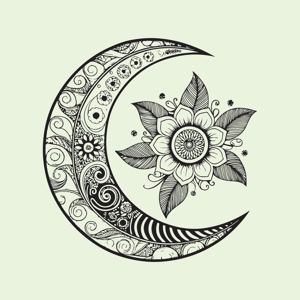 Intricate Moon and Flower Mandala Hand Drawn Boho Line Art Design vector