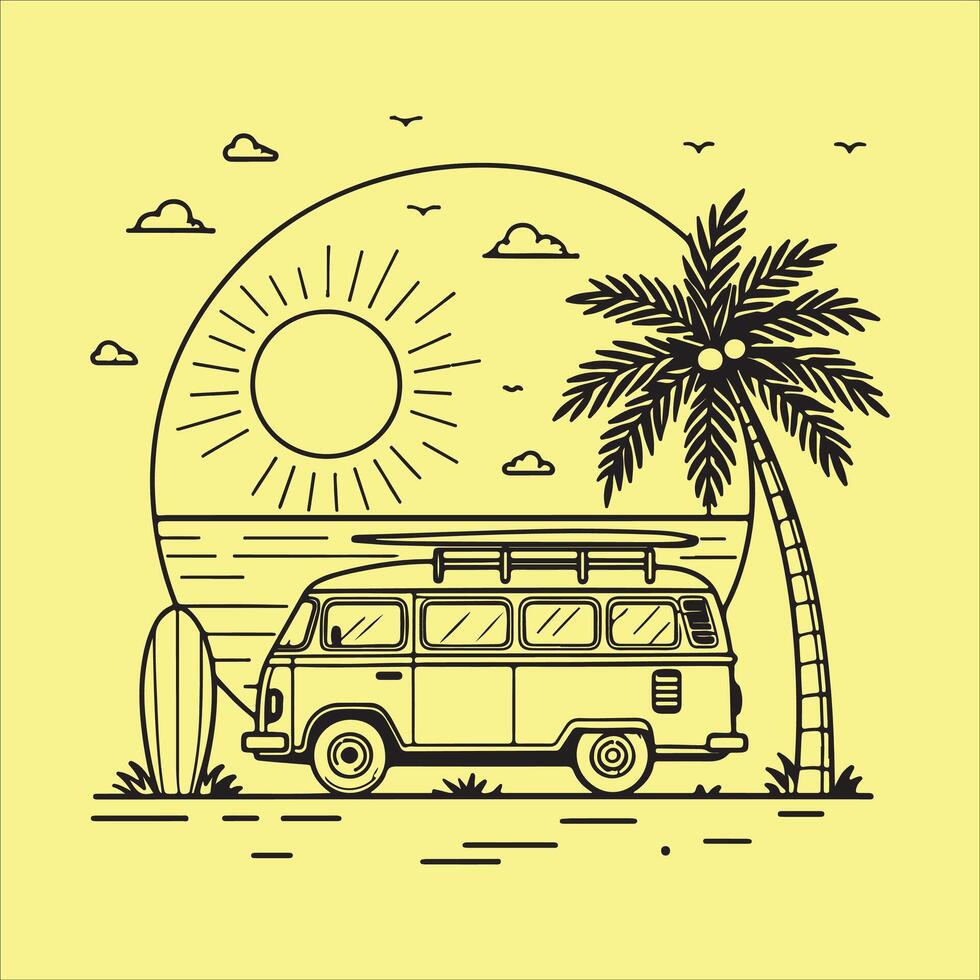 Vintage Van Beach Scene with Palm Tree and Surfboard - Retro Summer Illustration vector