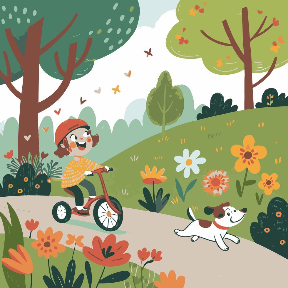 Joyful Child Riding Tricycle with Playful Dog in a Vibrant Flower-Filled Park vector