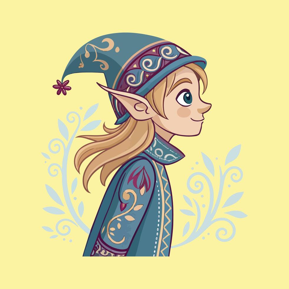 Whimsical Elf Illustration with Decorative Hat and Embroidered Cloak - Fantasy Art on Light Swirled Background vector