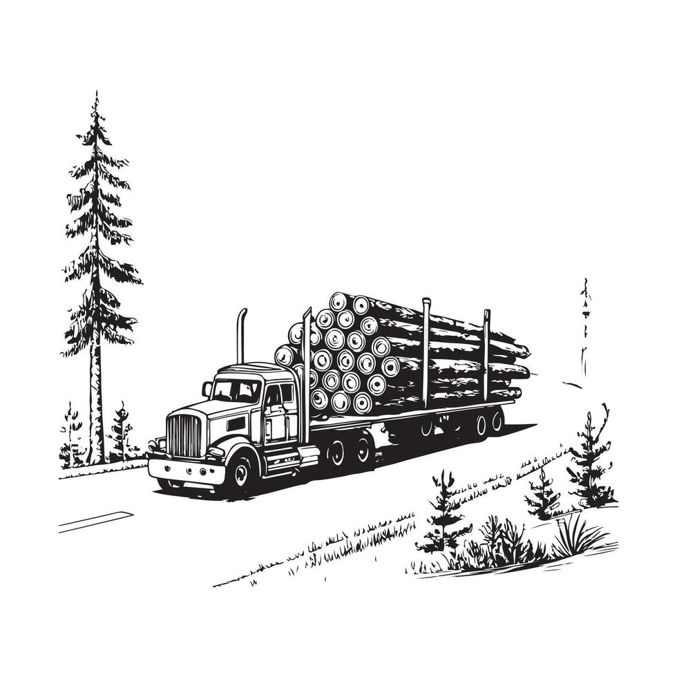 Truck Illustration with Forest Backdrop black and white sillotte vector