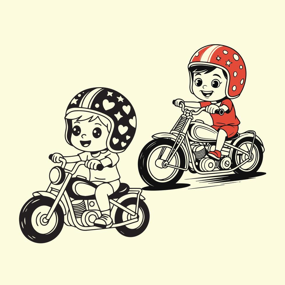 Playful Children Riding Motorcycles with Heart and Star Helmet Designs vector