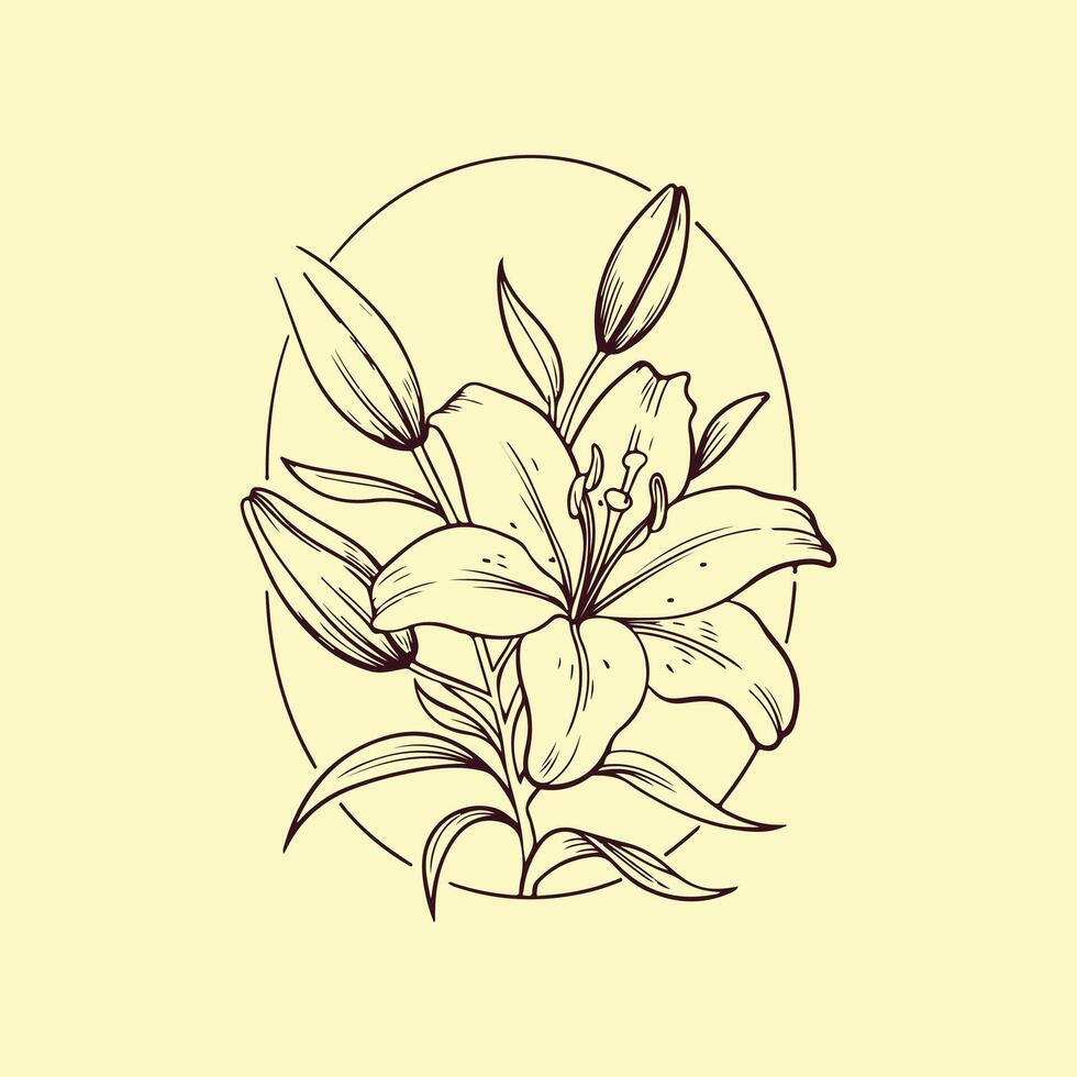 Captivating Hand-Drawn Lily Flower Design with Delicate Buds and Leaves vector