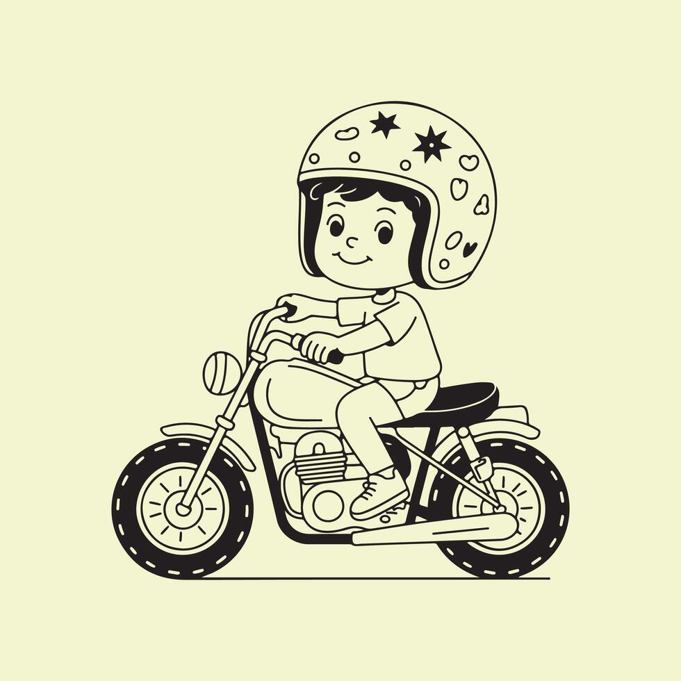 Child Riding a Motorcycle with Black and white and Playful Outdoor vector