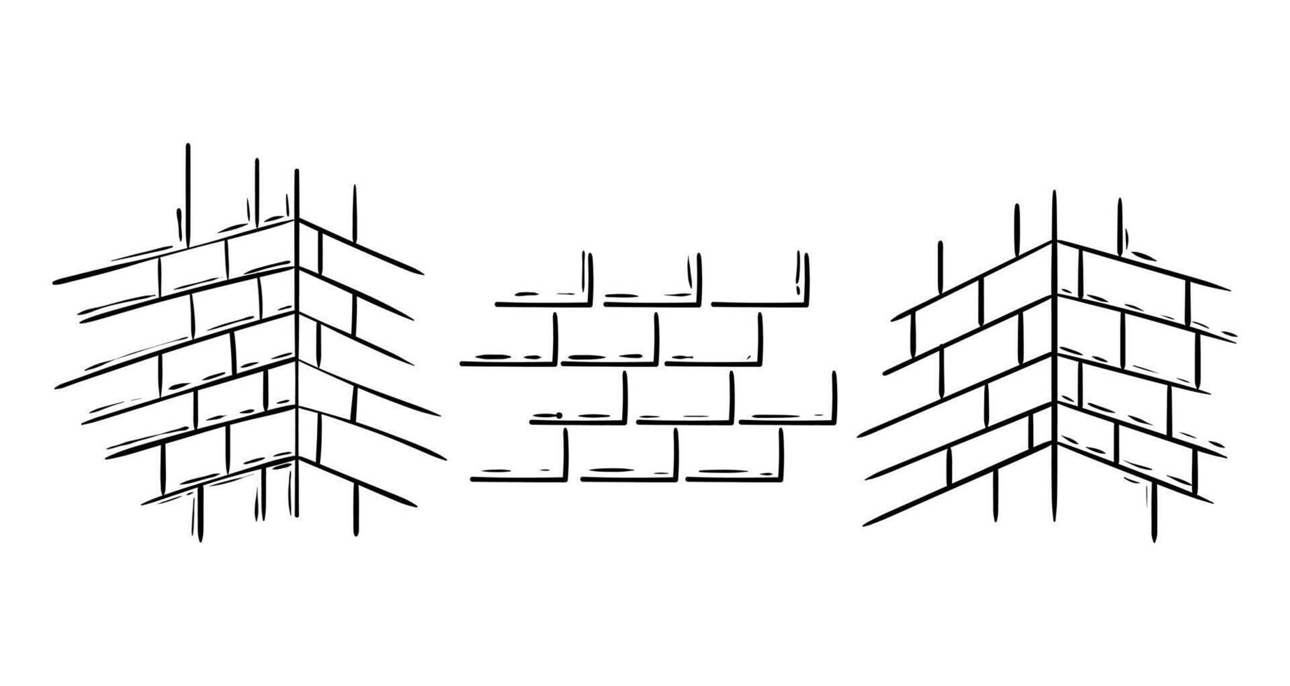 Set of brick and stone wall textures, hand drawing in doodle style vector