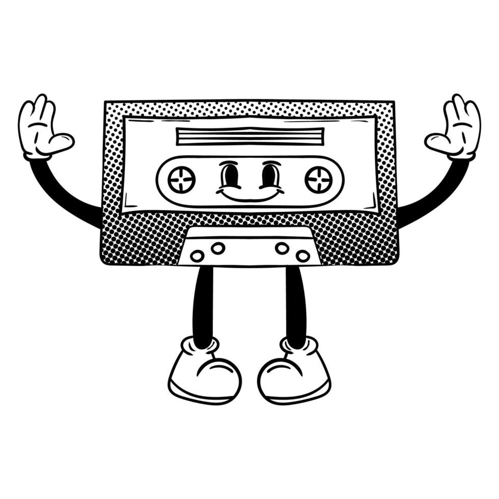 Retro records and cassettes character in groovy vintage. vector