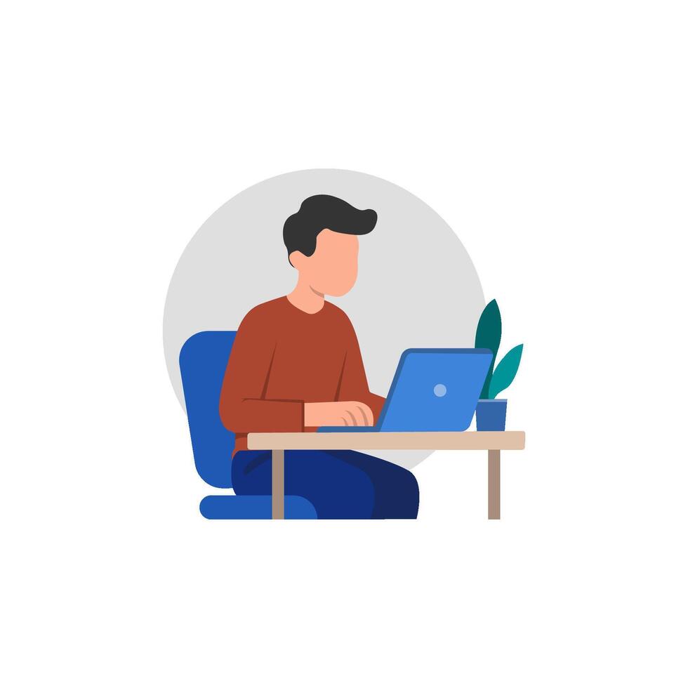 Focused Man Working on Laptop in Minimalistic Office Setup vector