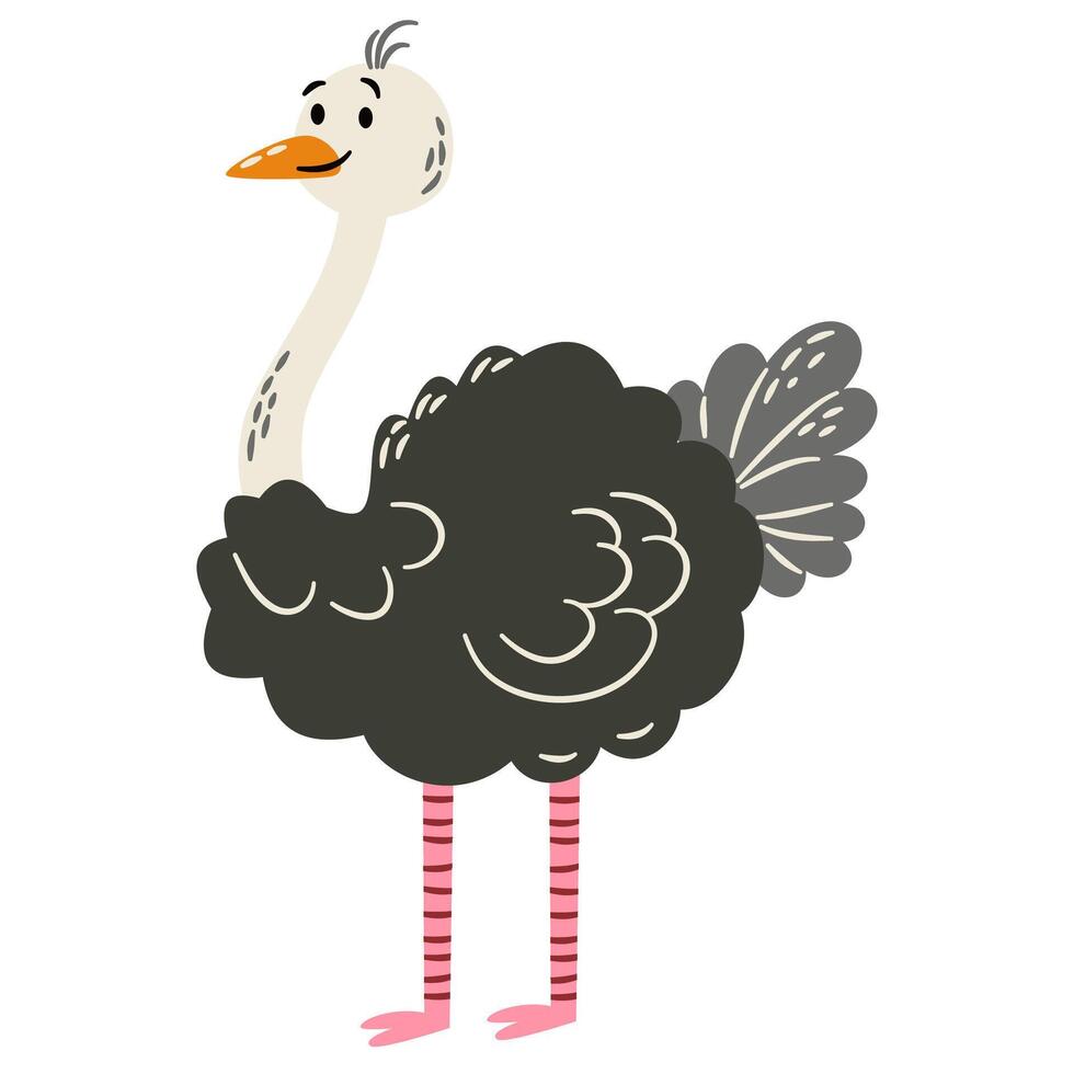 Cute illustration in a simple childish style. Cute ostrich on white background. Safari animals vector
