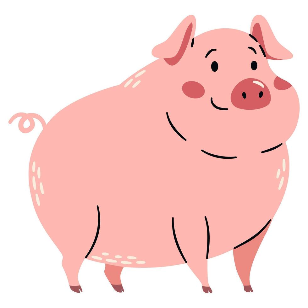 Flat illustration in a simple children's style. Cute pig on white background. Farm animals vector
