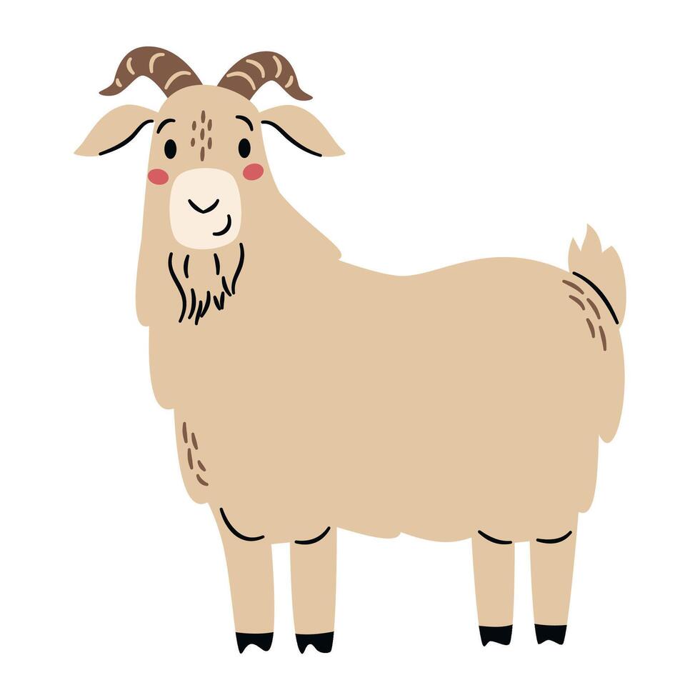 Flat illustration in a simple children's style. Cute goat on white background. Farm animals vector