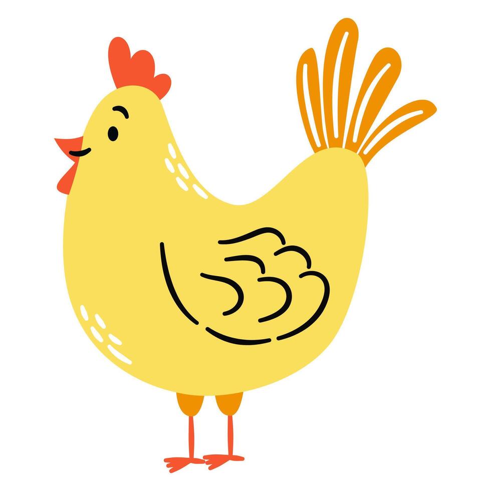 Flat illustration in a simple children's style. Cute chicken on white background. Farm animals vector