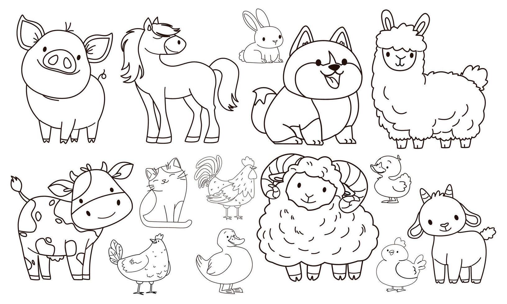 Set of flat illustration. Domestic farm animals. Cow pig lamb sheep sheep horse dog dog cat goose goose duck hen rooster goat. Black and white versions, coloring book vector