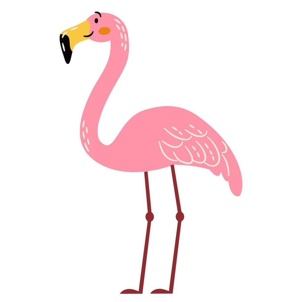 Cute illustration in a simple childish style. Cute flamingo on white background. Safari animals vector