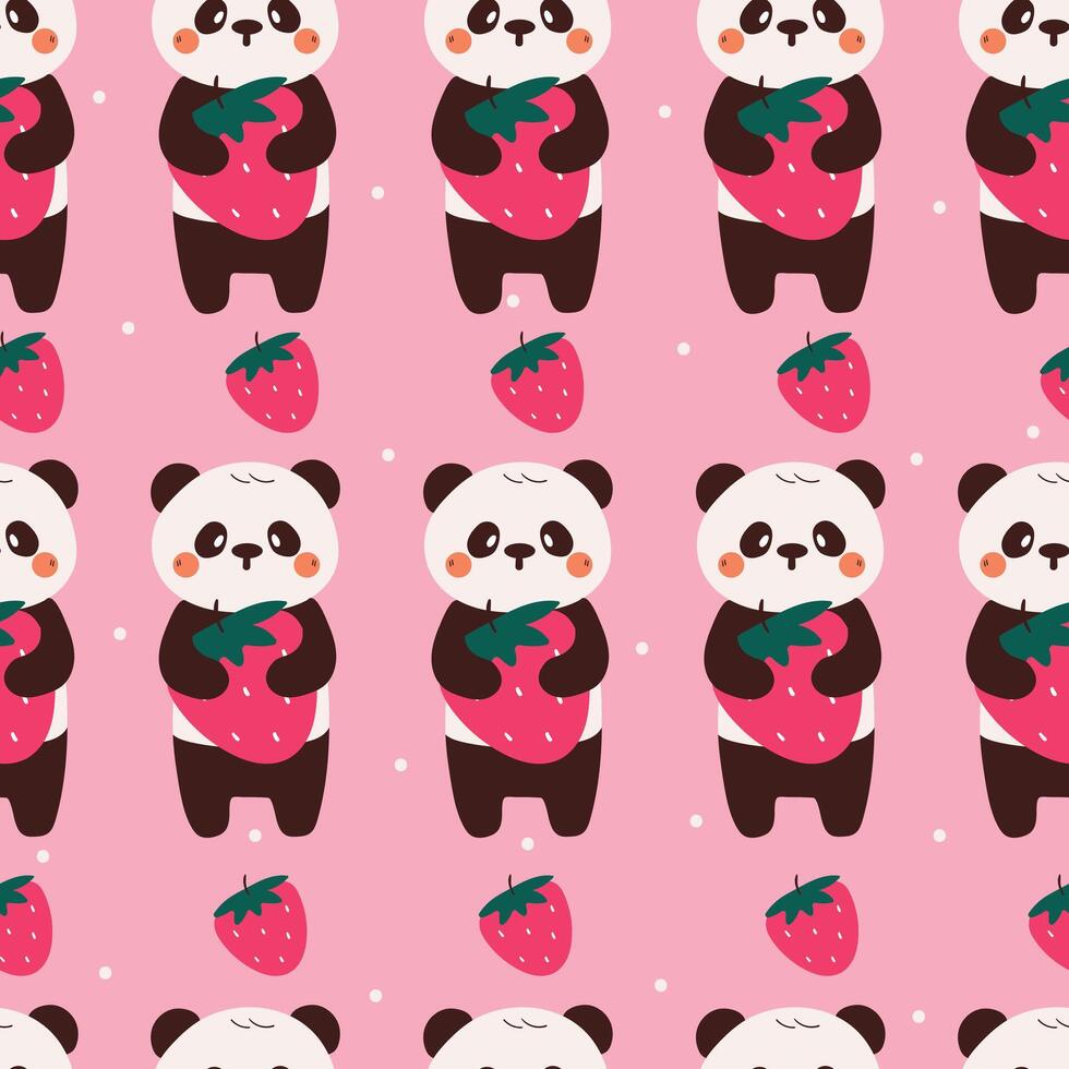 seamless pattern cute cartoon panda holding strawberry. cute animal drawing for wallpaper, pattern, background vector