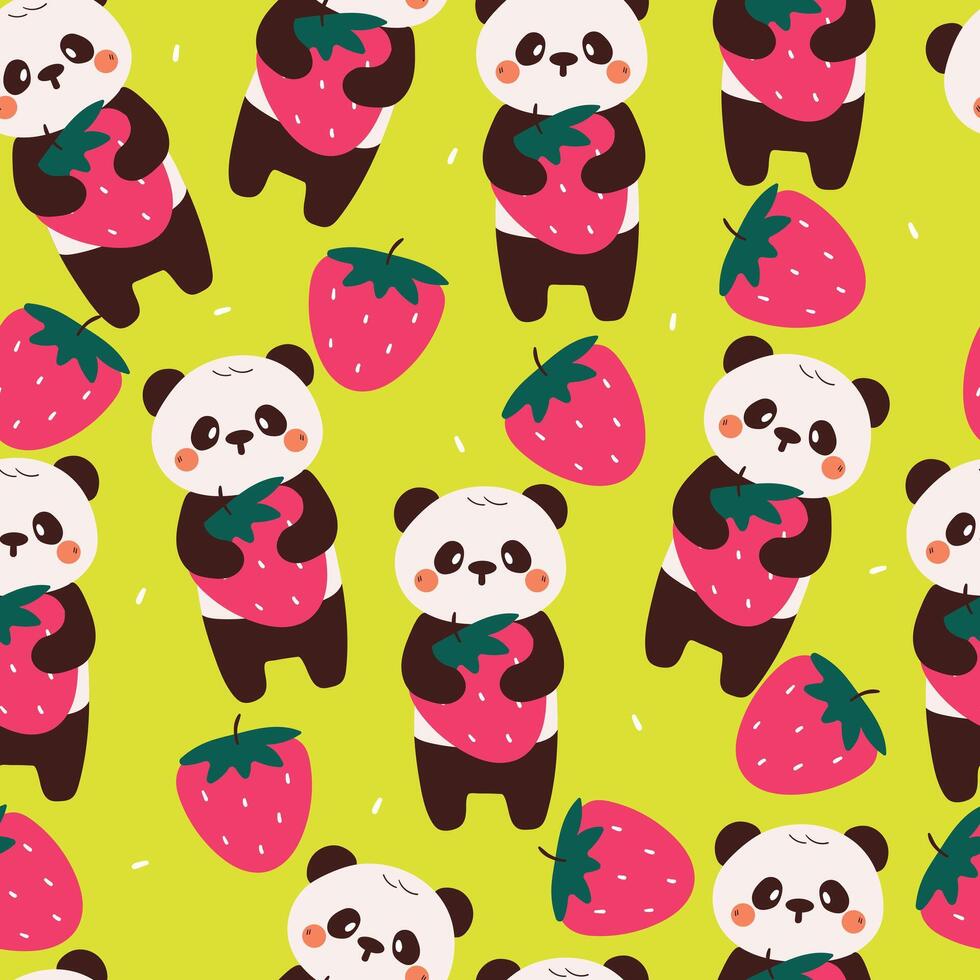 seamless pattern cute cartoon panda holding strawberry. cute animal drawing in green wallpaper vector