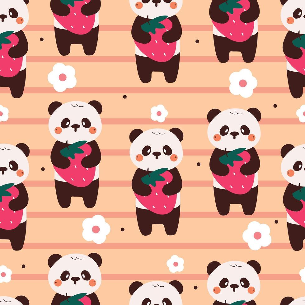 seamless pattern cute cartoon panda with strawberry and flower. cute animal drawing for wallpaper, pattern, background vector