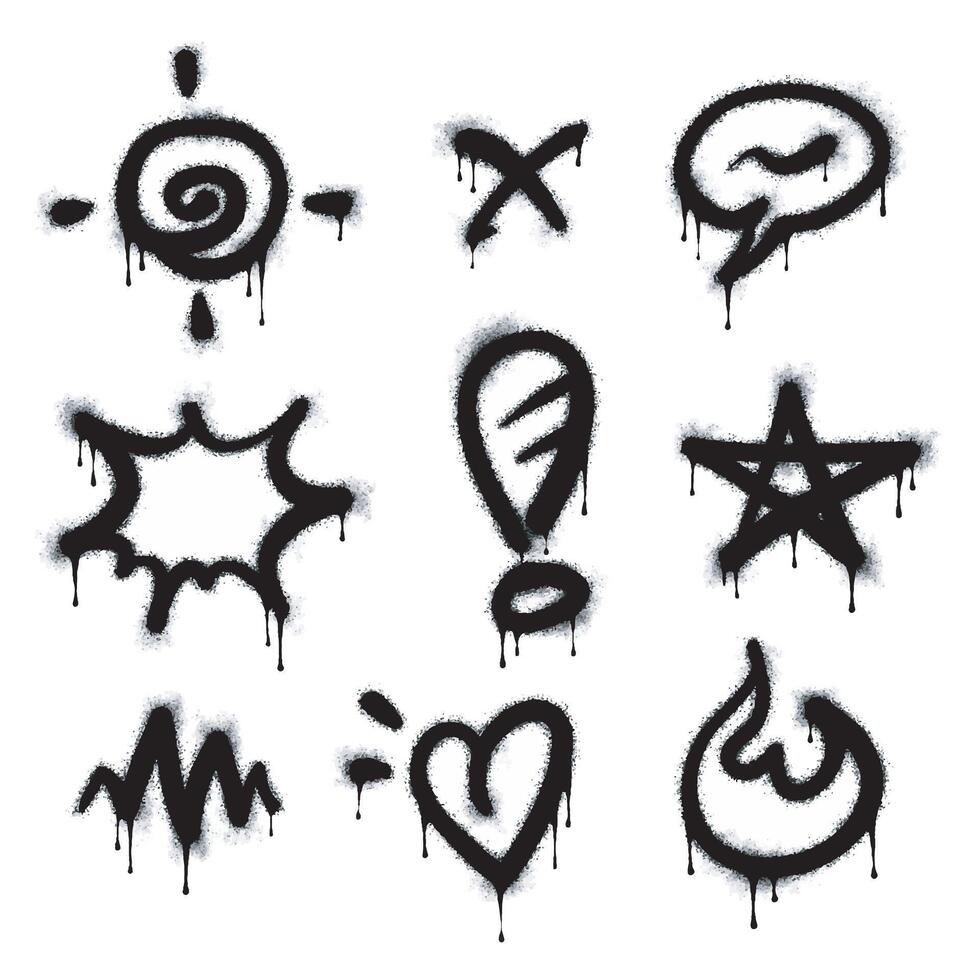 Set of graffiti image symbols. Spray painted graffiti patterns in the form of question marks, arrows, crowns, stars, fences and more. Spray paint elements. Illustration of street art style objects. vector