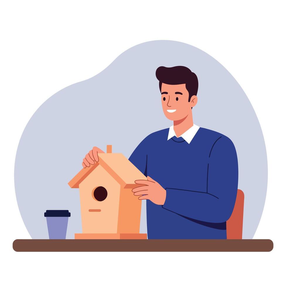 Man Building Wooden Birdhouse Crafting Hobby Activity with Coffee Cup on Table Illustration vector