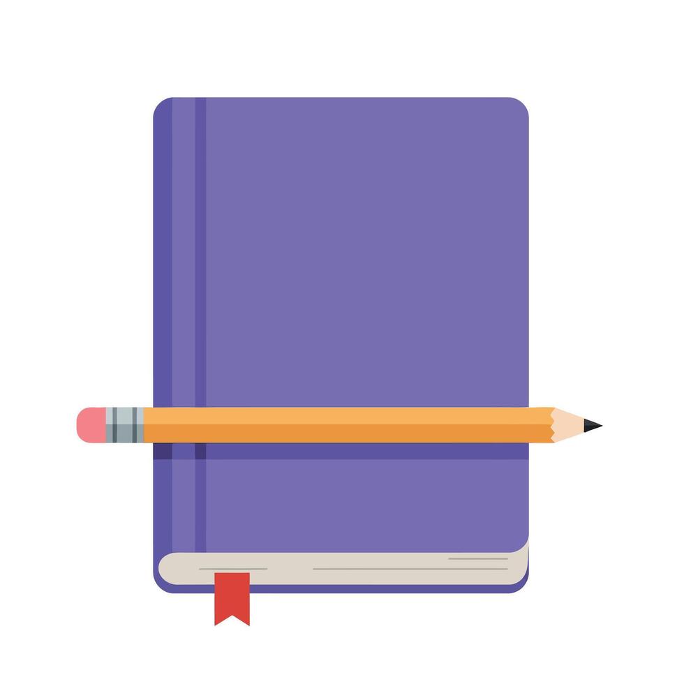 Purple hardcover notebook with pencil and red bookmark illustration for writing and study materials stationary design vector