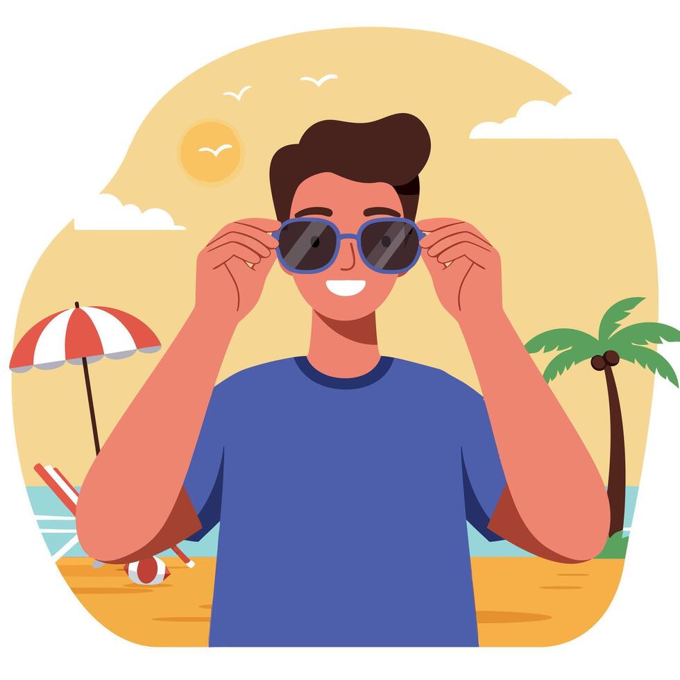 Young man adjusting sunglasses on sunny beach with palm trees and umbrella summer vacation illustration vector