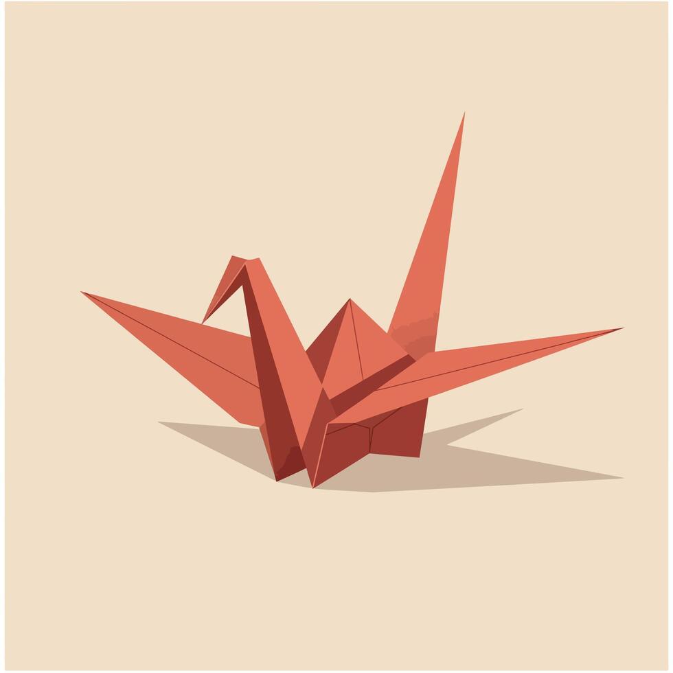 Origami crane paper art in orange color with soft shadow on beige background illustration vector