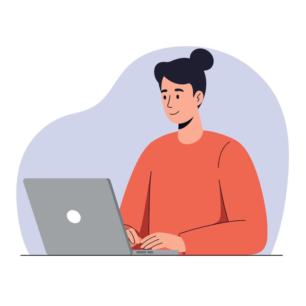 Young woman working on laptop computer in casual orange sweater illustration for remote work concept vector
