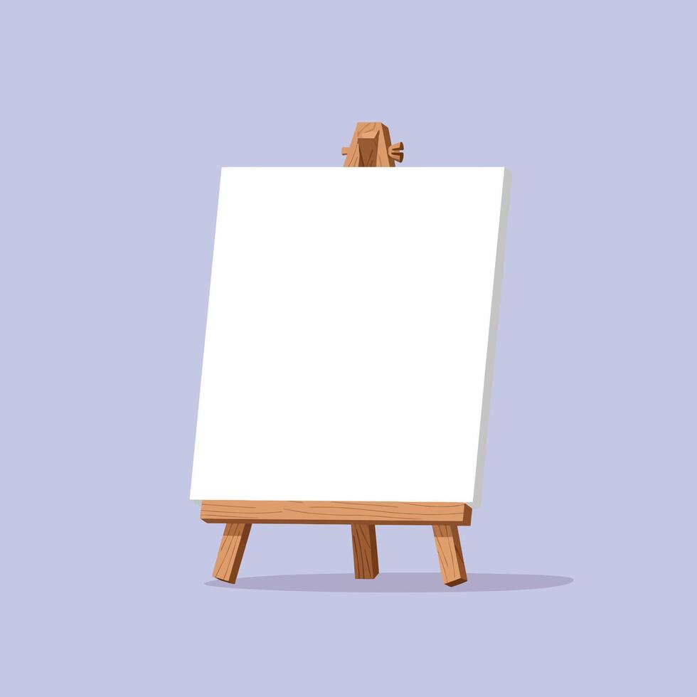Wooden easel holding blank canvas on purple background illustration in portrait orientation for art and creativity designs vector