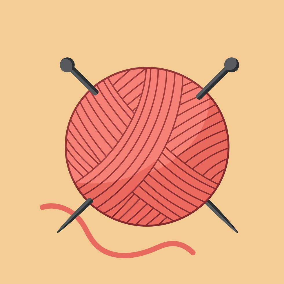 Red yarn ball with knitting needles illustration for craft and knitting hobby design elements vector