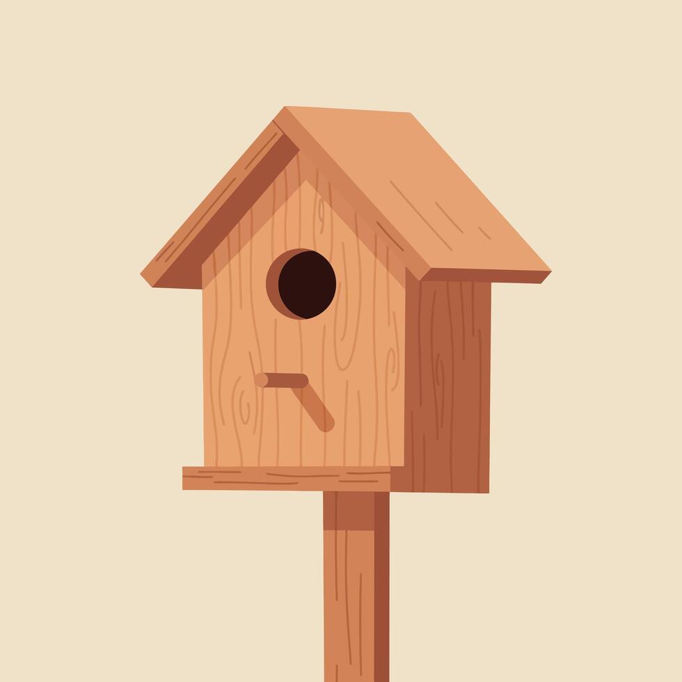 Wooden birdhouse on post with natural wood texture simple design illustration vector