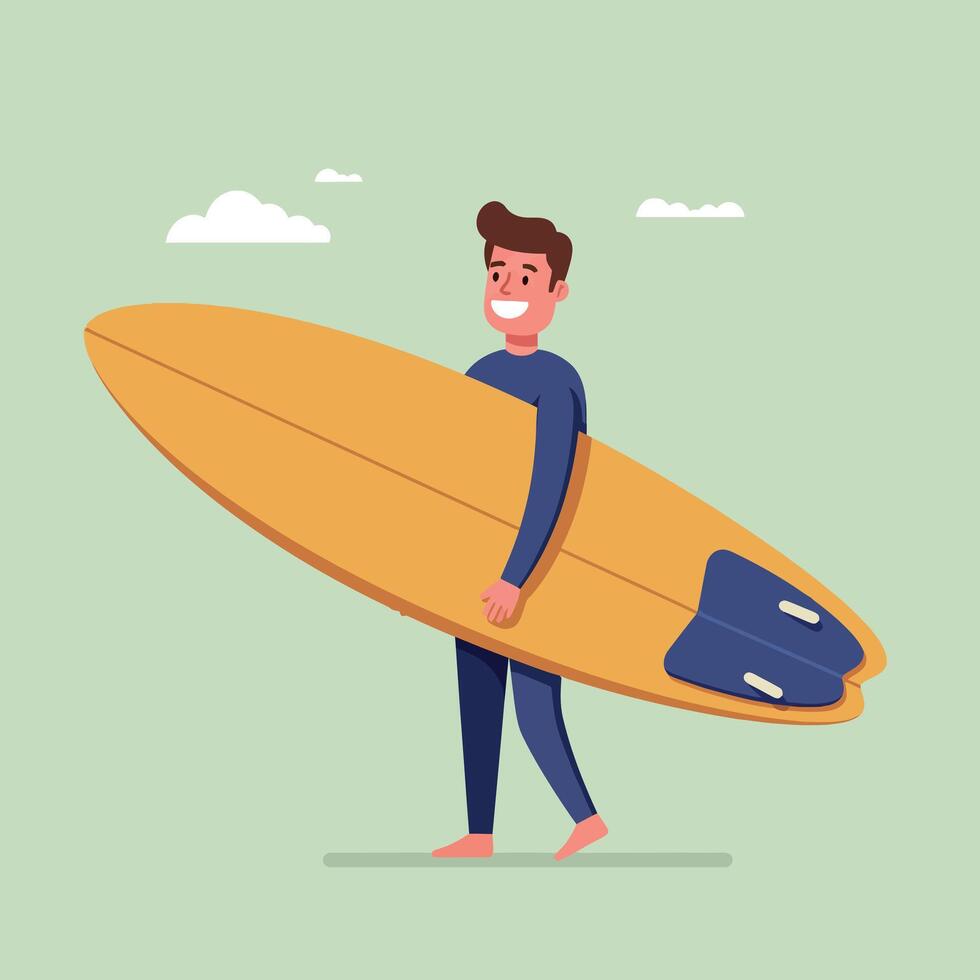 Man carrying yellow surfboard walking outdoors with green sky and clouds illustration vector