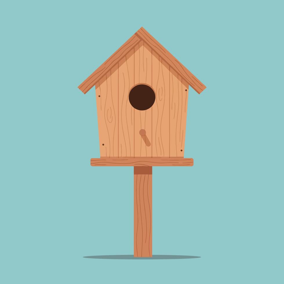 Wooden birdhouse on post simple design isolated on blue background illustration vector