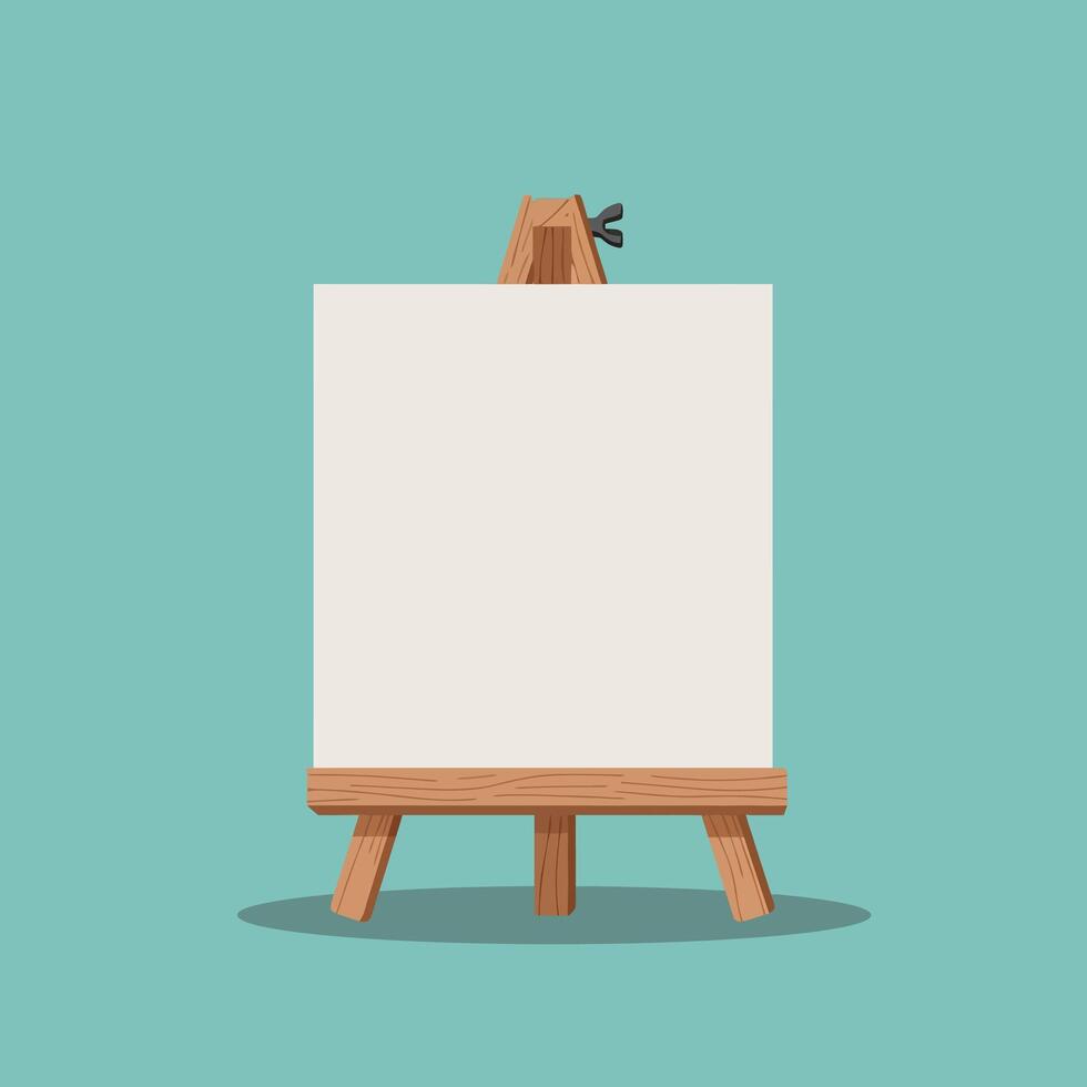 Blank wooden easel with white canvas on teal background for painting and drawing illustration vector