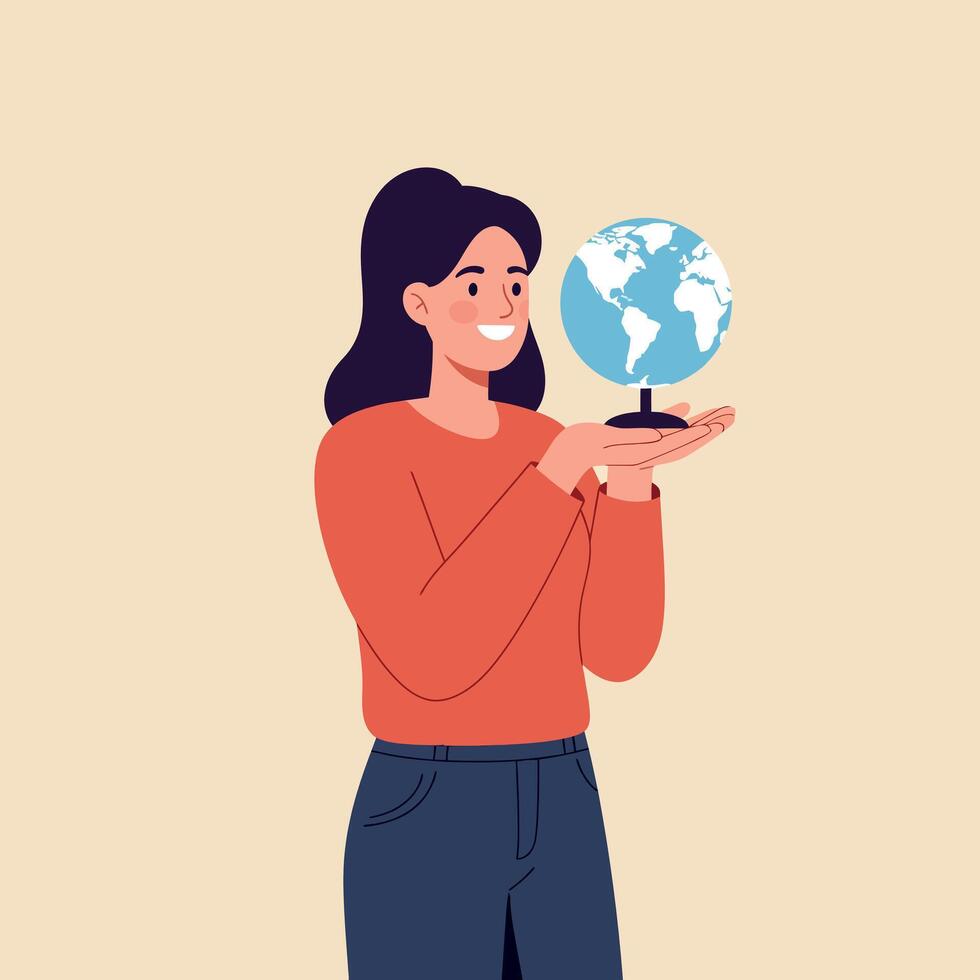 Woman holding globe illustration showing earth symbolizing global awareness and education in simple flat design vector