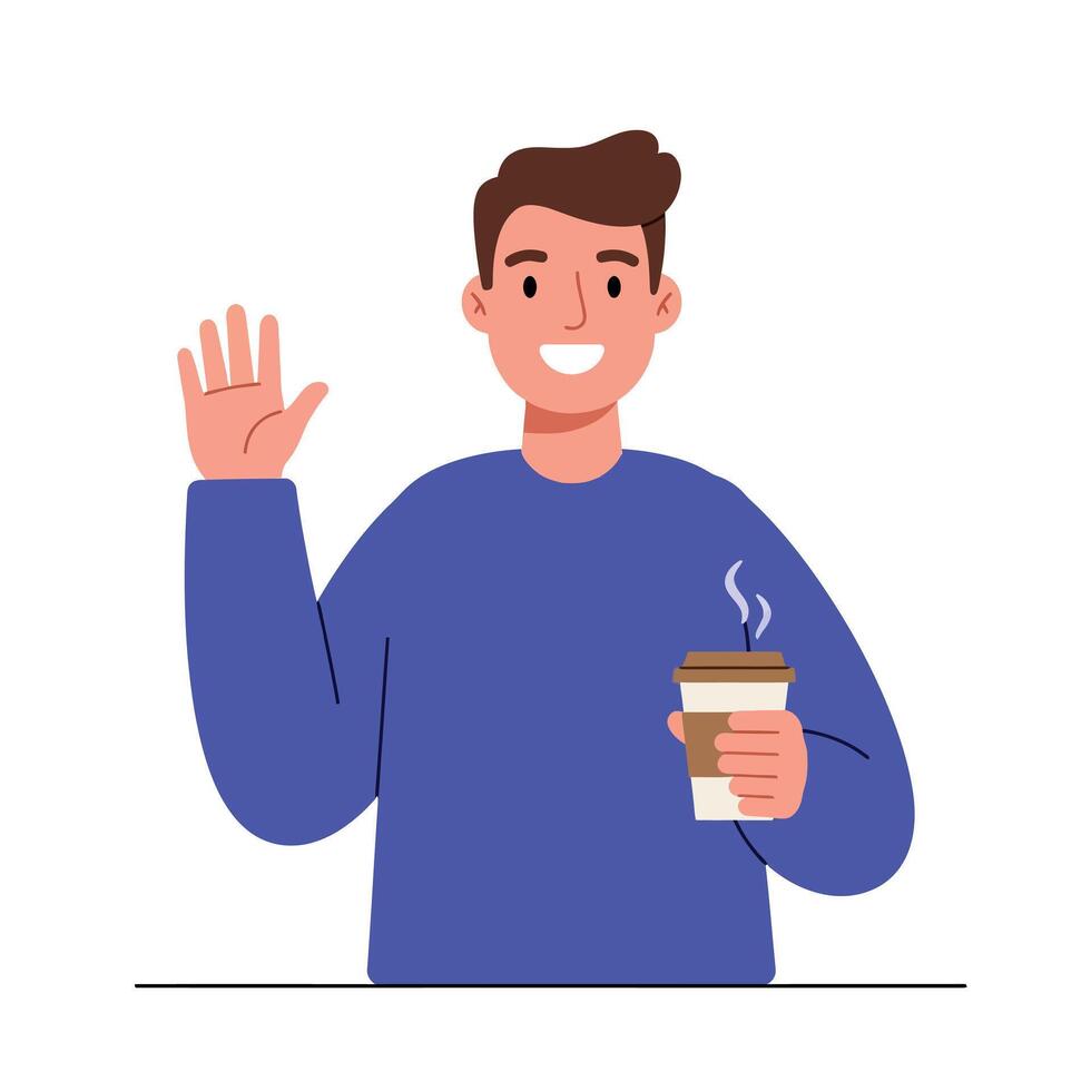 Young man waving hand holding hot coffee cup in casual blue sweater illustration vector
