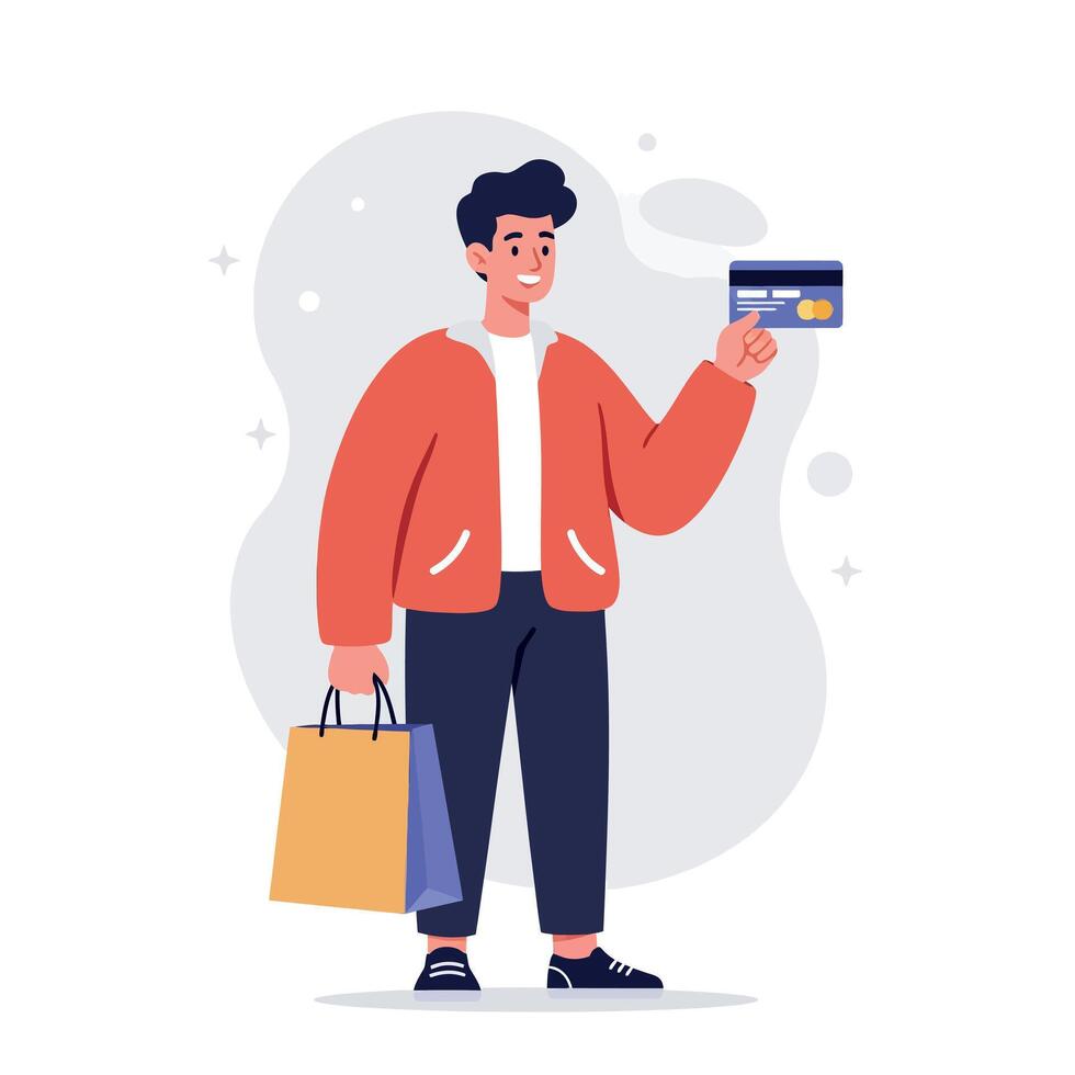 Young man holding credit card and shopping bags in casual outfit illustration vector