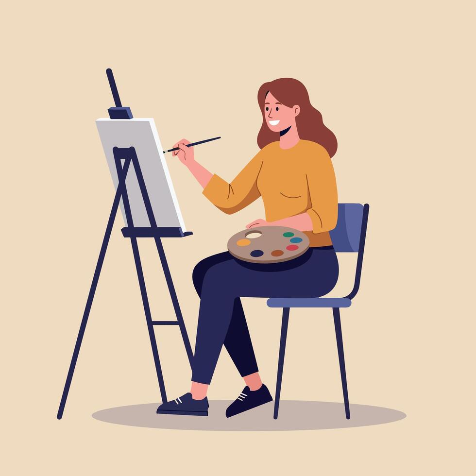 Woman sitting on chair painting on easel with palette in hand creative artistic activity illustration vector