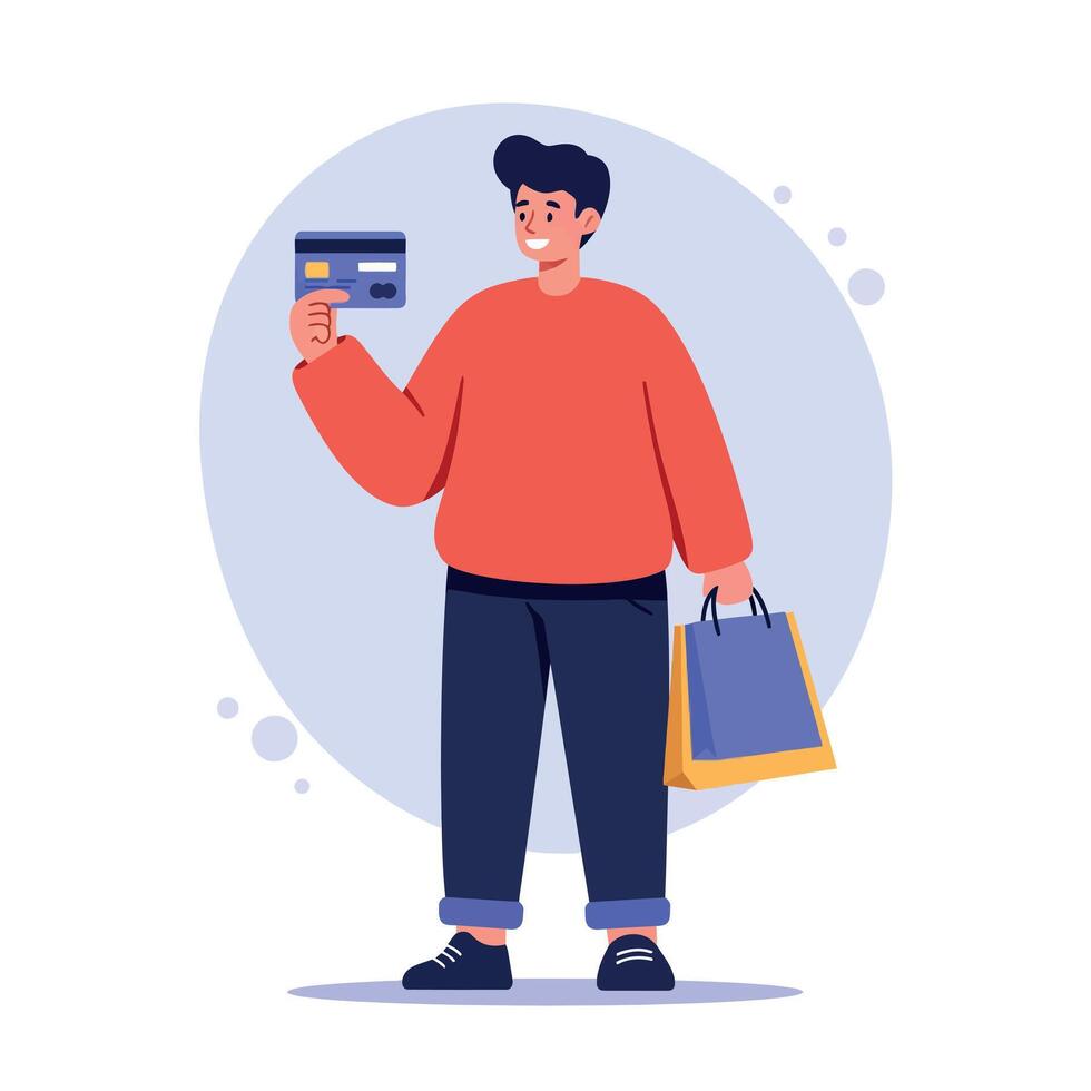 Young man holding credit card and shopping bags in casual clothing illustration for online payment and retail shopping concepts vector