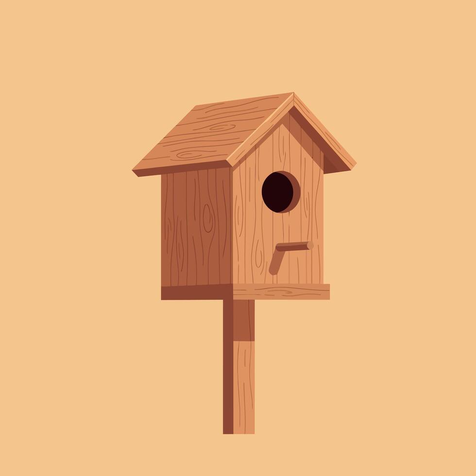 Wooden birdhouse on post with natural wood texture illustration in square format vector