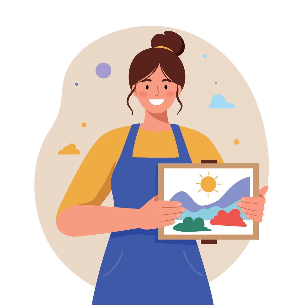 Female artist smiling and holding landscape painting in apron cheerful creative woman illustration vector