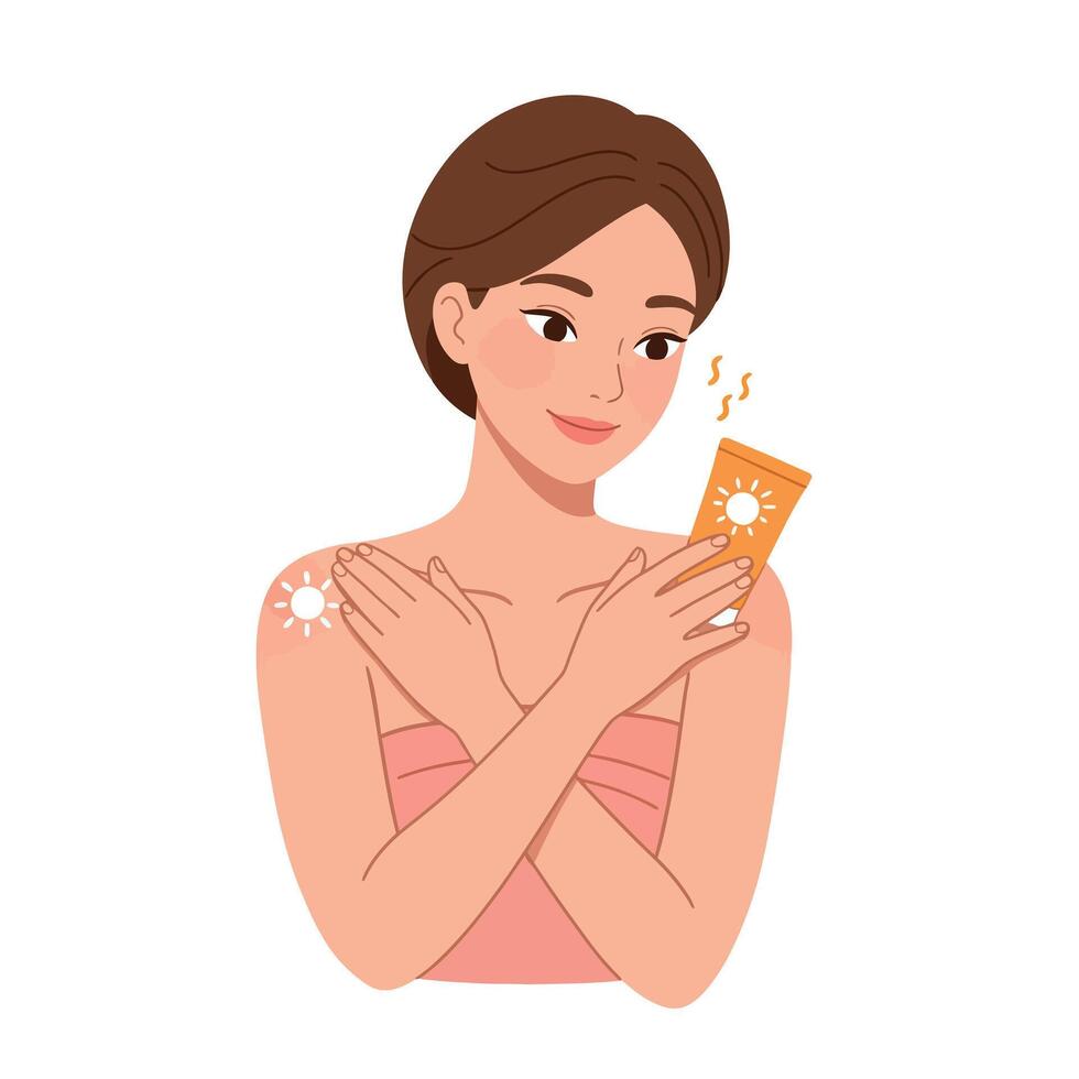 Woman applying sunscreen lotion with sun protection cream on shoulder for skin care routine illustration vector
