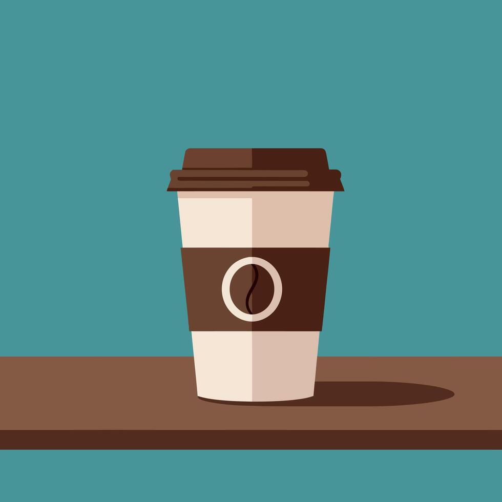 Disposable coffee cup with brown lid and sleeve on wooden surface flat minimalist art vector