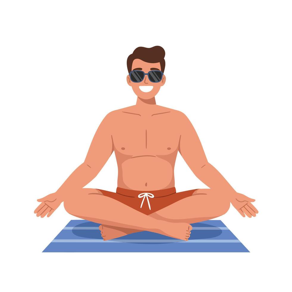 Man practicing meditation in sunglasses sitting cross legged on blue striped mat illustration vector