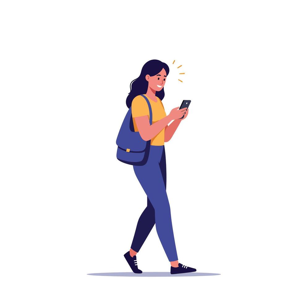 Young woman walking and using smartphone with backpack casual outfit illustration vector