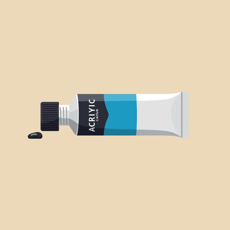 Acrylic paint tube with black paint drop isolated on beige background in illustration style vector
