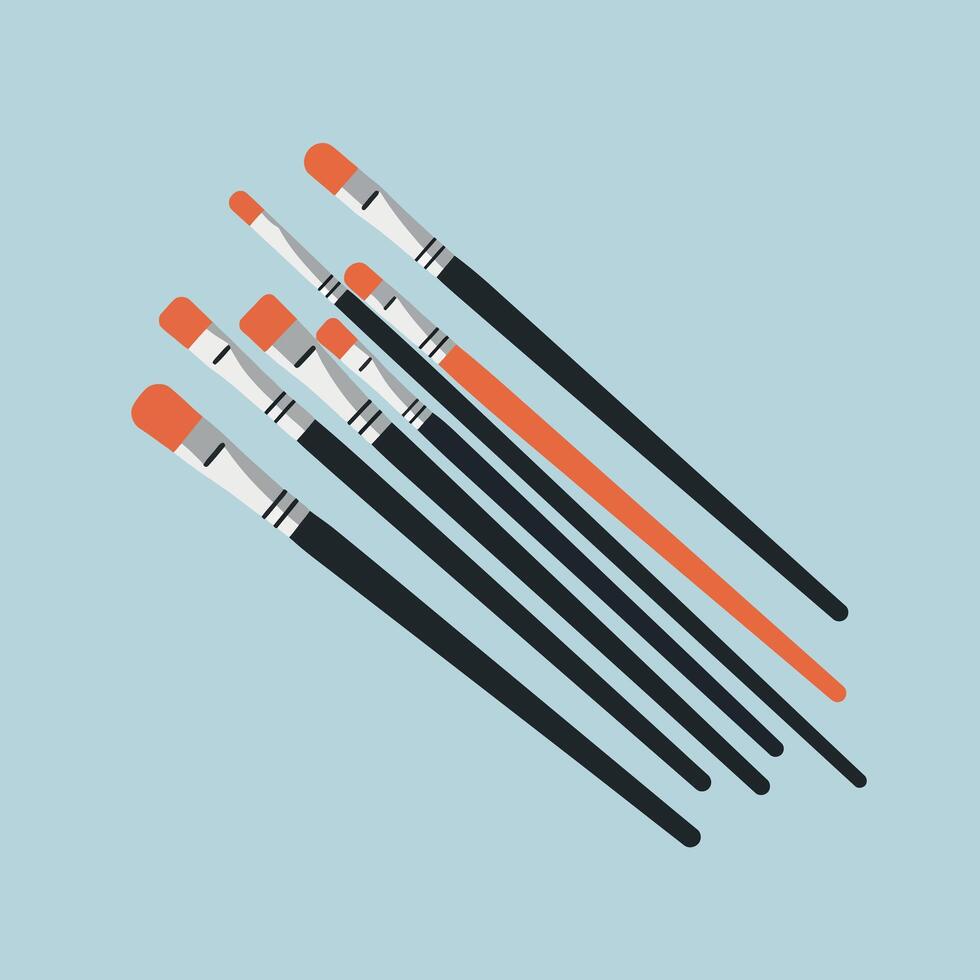 Set of paint brushes with orange tips and black handles on light blue background illustration vector